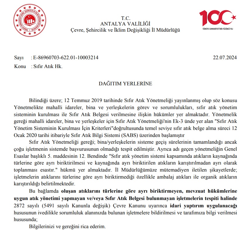 Antalya Çevre, Şehircilik ve İklim Değişikliği İl Müdürlüğü'nün Duyurusu